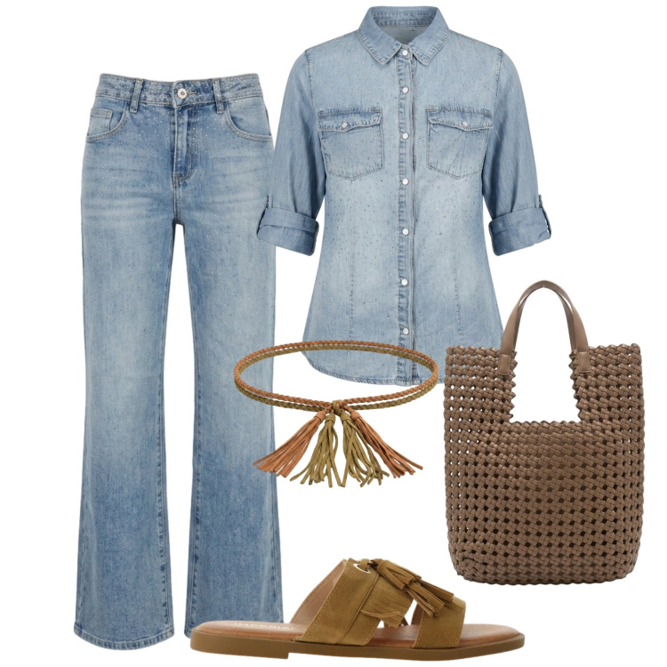 Outfit donna - Sandali flat scamosciati 70s. Stile 70s per Tutti i giorni. Abbinamento con sandali, borse tote, camicie a manica corta, jeans, cinture.