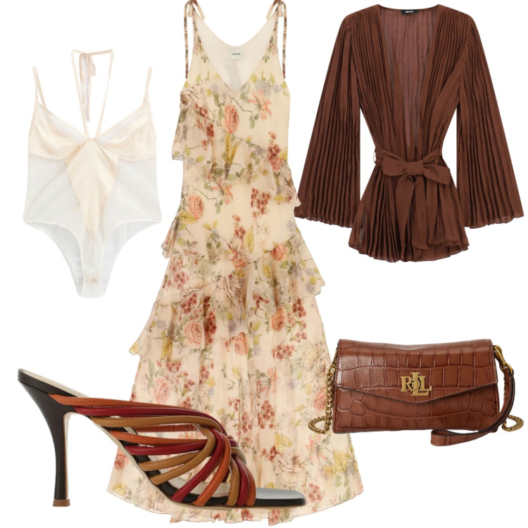 Outfit donna - Soft Mediterraneo. Stile Chic per Serata fuori. Abbinamento con sandali, blazer, vestiti lunghi, body, portafogli.