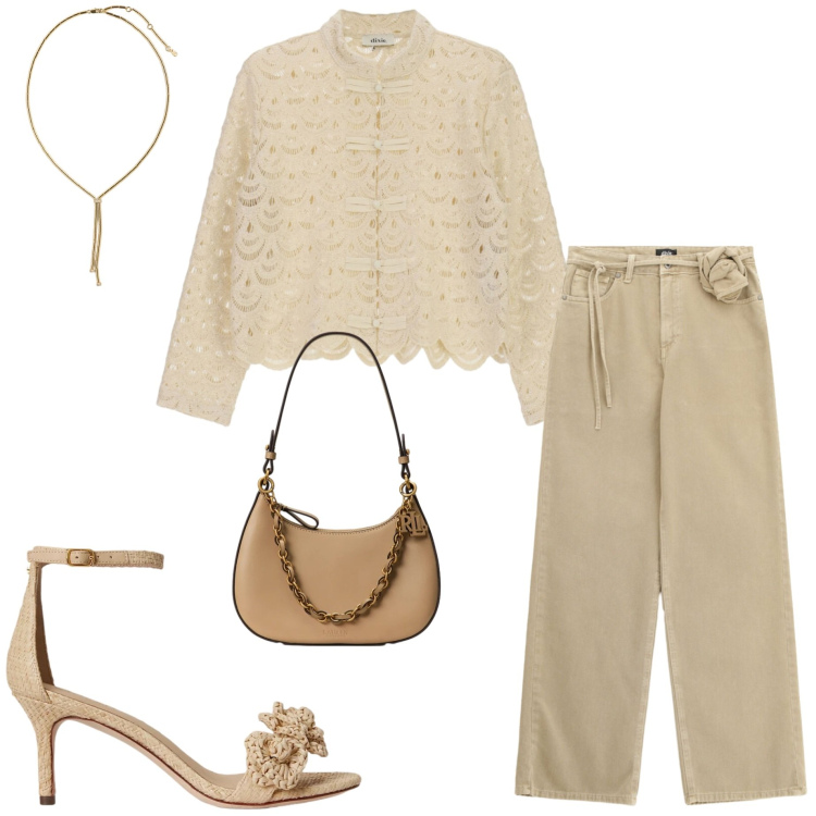 Outfit donna - Sandali protagonisti. Stile Casual chic per Serata fuori. Abbinamento con pantaloni a palazzo, camicie, sandali in pelle, borse a spalla, collane.