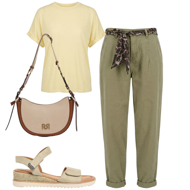 Outfit donna - City. Stile Minimal per Tutti i giorni. Abbinamento con sandali, borse a tracolla, pantaloni, t-shirt.