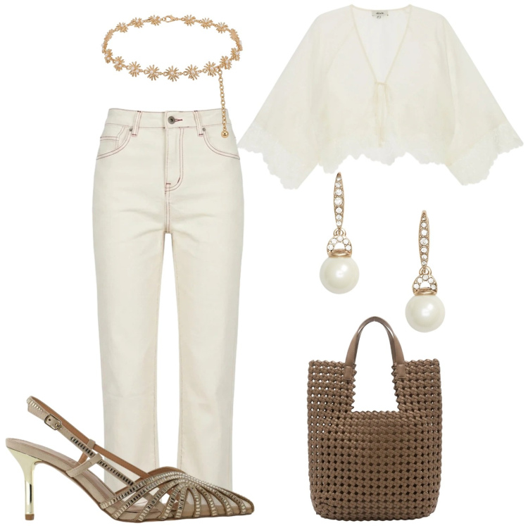 Outfit donna - White and gold. per Tutti i giorni. Abbinamento con borse tote, jeans dritti, cinture, décolleté, bluse, orecchini.