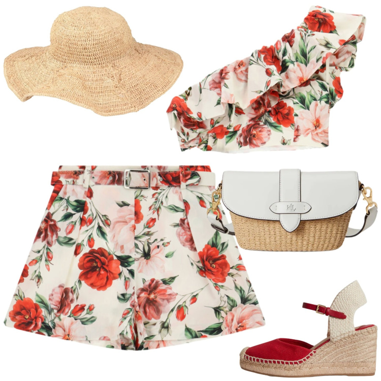 Outfit donna - Al mare. Stile Glamour per Mare. Abbinamento con cappelli, top, shorts, borse a spalla, zeppe.