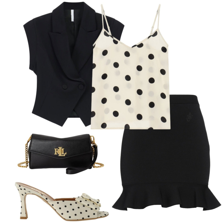 Outfit donna - In ufficio a pois. Stile Glamour per Ufficio. Abbinamento con minigonne, gilet, sandali col tacco, top, portafogli.