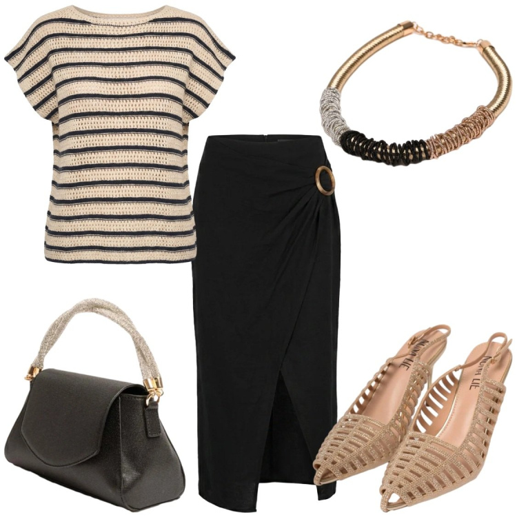Outfit donna - Maglia comoda su gonna elegante. Stile Chic per Serata fuori. Abbinamento con collane, scarpe col tacco, top, gonne longuette, borse a mano.