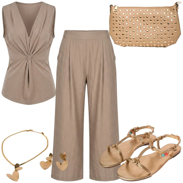 Outfit donna - Da giorno a sera con Nunalie. Stile Chic per Serata fuori. Abbinamento con top, pantaloni a palazzo, borse a tracolla, sandali in pelle, collane.