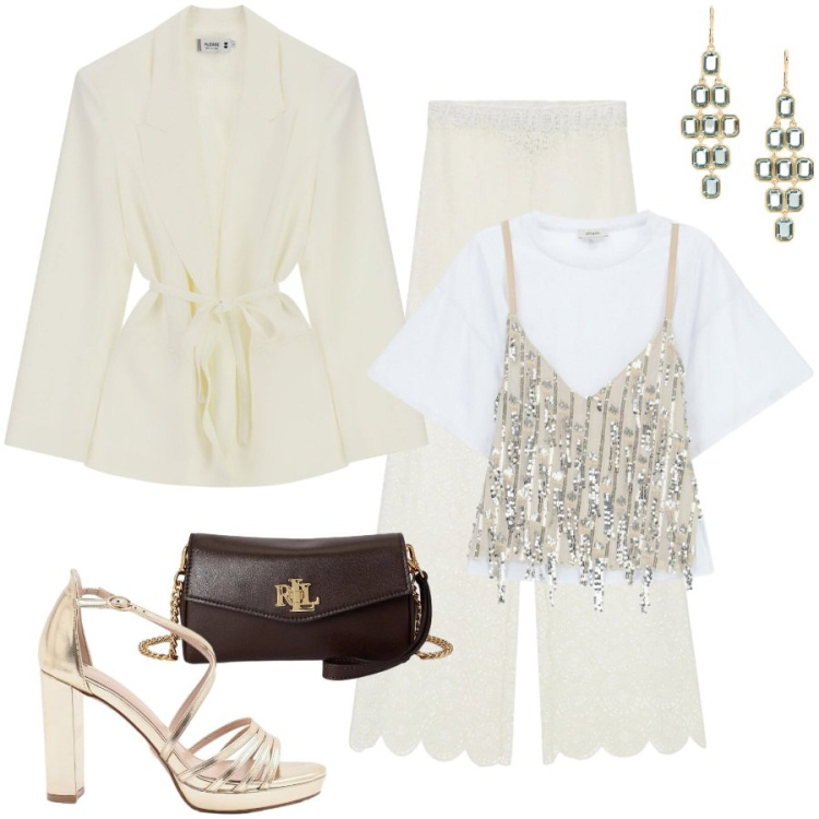 Outfit donna - Mediterraneo chic. Stile Glamour per Cerimonia. Abbinamento con sandali col tacco, pantaloni a palazzo, blazer, top, orecchini, portafogli.