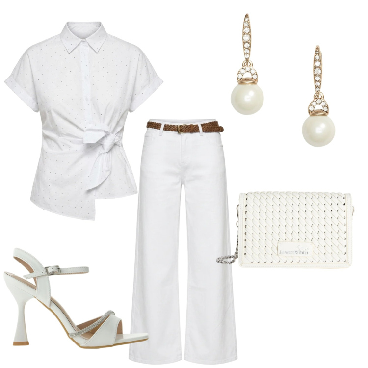 Outfit donna - Total look #2418650. Stile Casual chic per Serata fuori. Abbinamento con sandali gioiello, borse a tracolla, pantaloni, camicie a manica corta, orecchini.