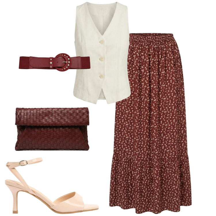 Outfit donna - City. Stile Urban per Tutti i giorni. Abbinamento con sandali col tacco, top, gonne lunghe, clutch, gilet, cinture.