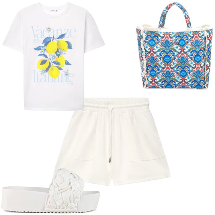 Outfit donna - Limoni. Stile Casual per Mare. Abbinamento con t-shirt, bermuda, ciabatte, shopping bag.