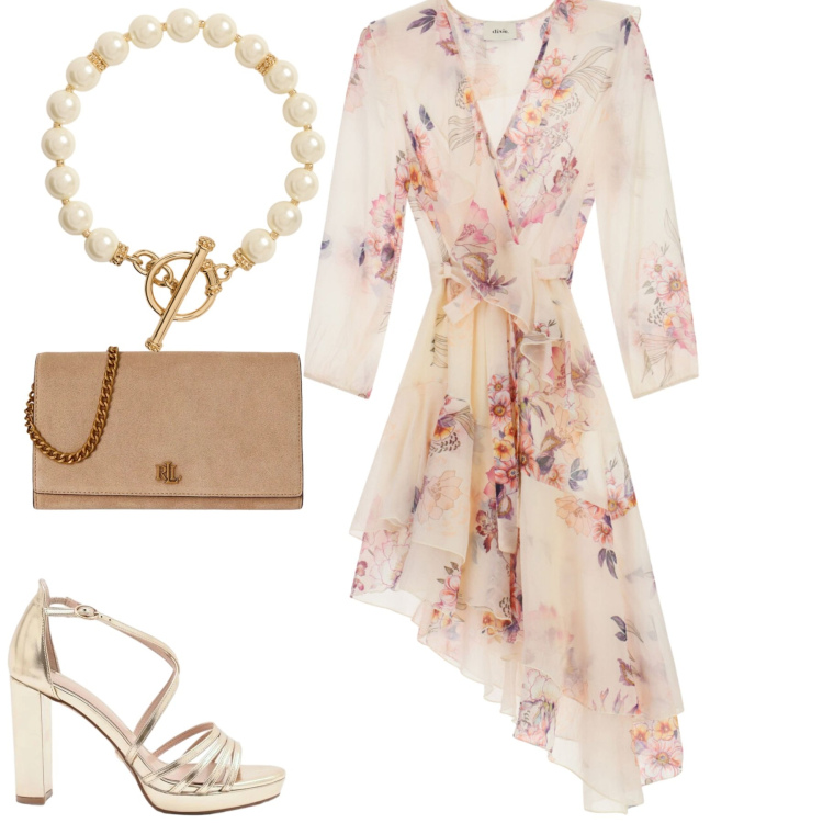 Outfit donna - Romantica. Stile Romantica per Serata fuori. Abbinamento con sandali col tacco, vestiti asimmetrici, collane, borse a tracolla.