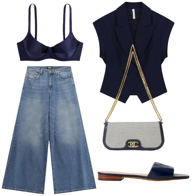 Outfit donna - Total look #2418656. Stile Casual chic per Serata fuori. Abbinamento con gilet, jeans, ciabatte, borse a tracolla, reggiseni.