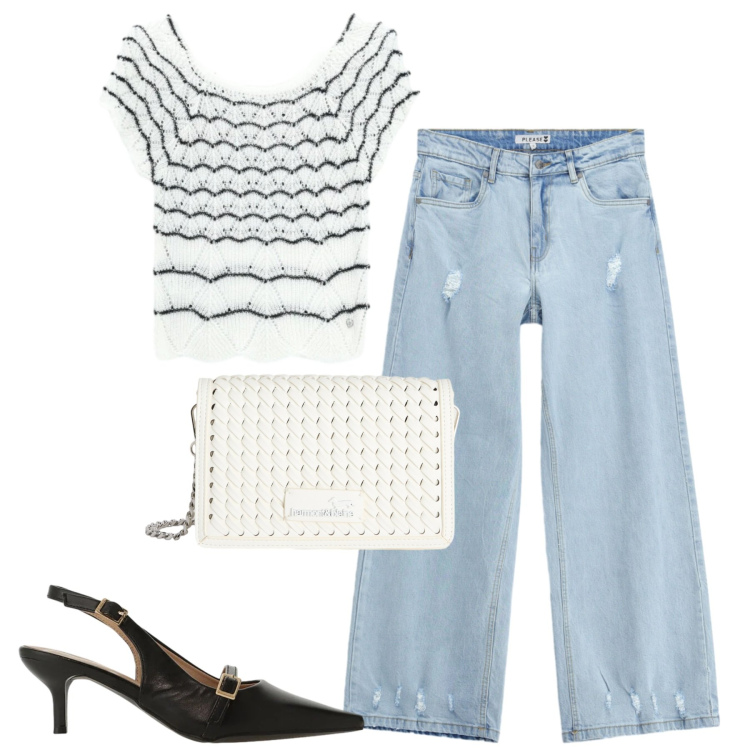 Outfit donna - City. Stile Casual chic per Tutti i giorni. Abbinamento con sandali col tacco, borse a tracolla, canottiere, jeans.