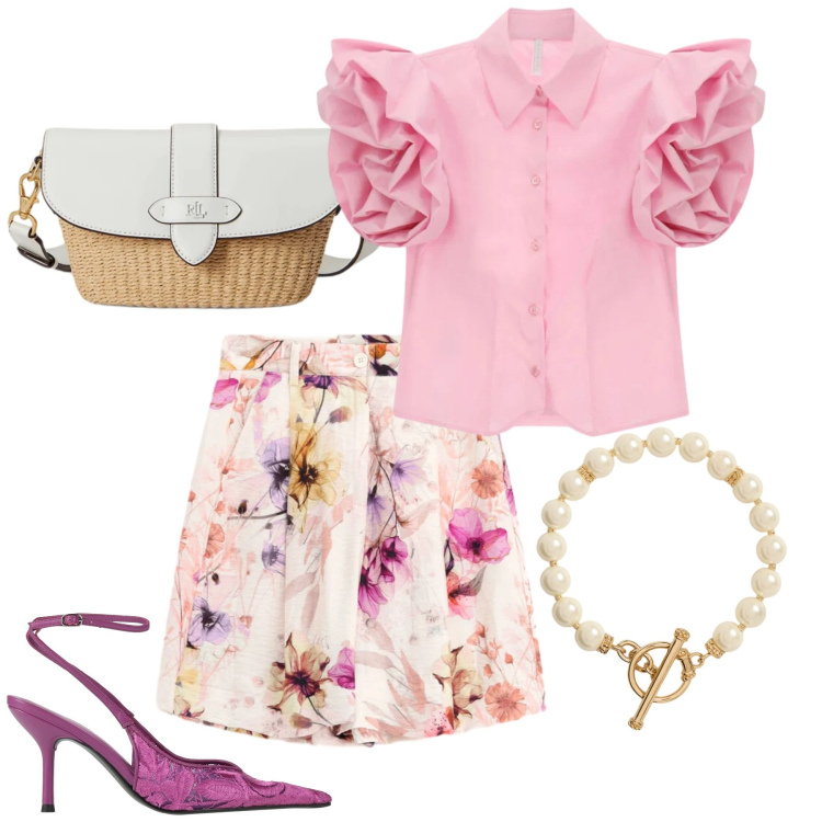 Outfit donna - Total look #2418660. Stile Romantica per Cerimonia. Abbinamento con décolleté, camicie a manica corta, bermuda, borse a spalla, collane.