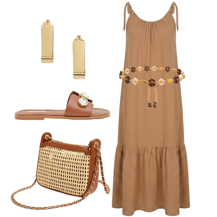 Outfit donna - L’abito cammello. Stile Trendy per Tutti i giorni. Abbinamento con sandali gioiello, orecchini, borse a spalla, vestiti midi/longuette, cinture.