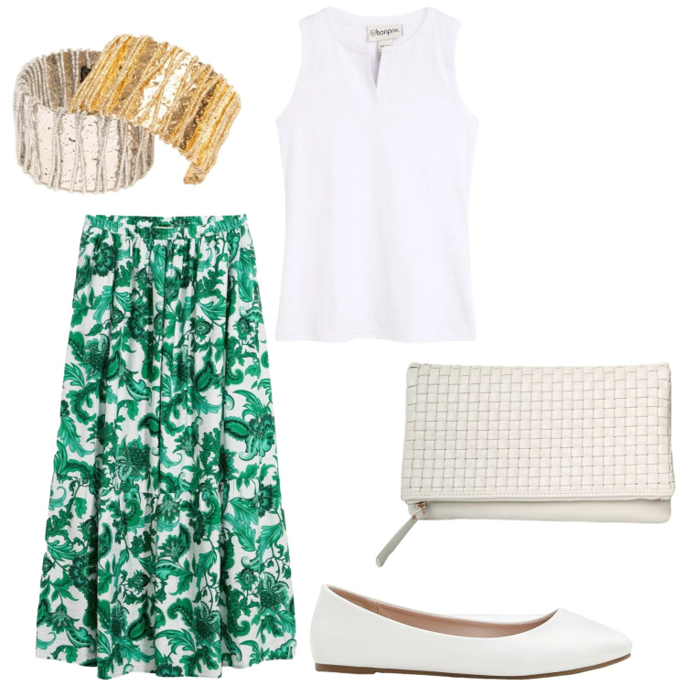 Outfit donna - Total look #2418664. Stile Romantica per Tutti i giorni. Abbinamento con ballerine, gonne lunghe, canottiere, clutch, braccialetti.