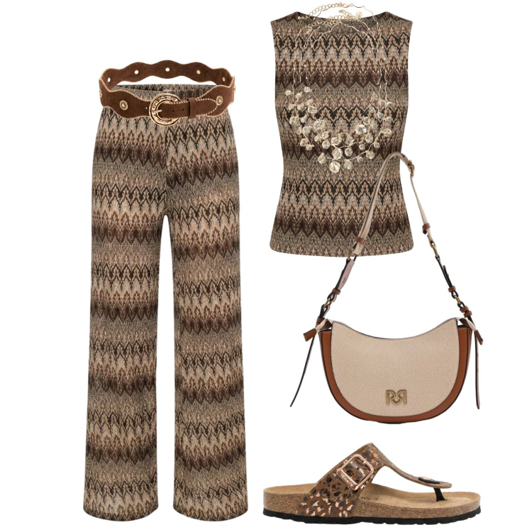 Outfit donna - Nuove fantasie estive. Stile Trendy per Tutti i giorni. Abbinamento con infradito, borse a tracolla, collane, canottiere, pantaloni, cinture.