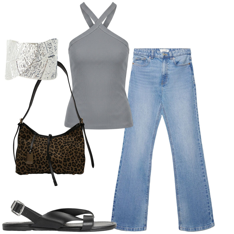 Outfit donna - City. Stile Casual per Tutti i giorni. Abbinamento con sandali, jeans bootcut, borse a tracolla, canottiere, braccialetti.