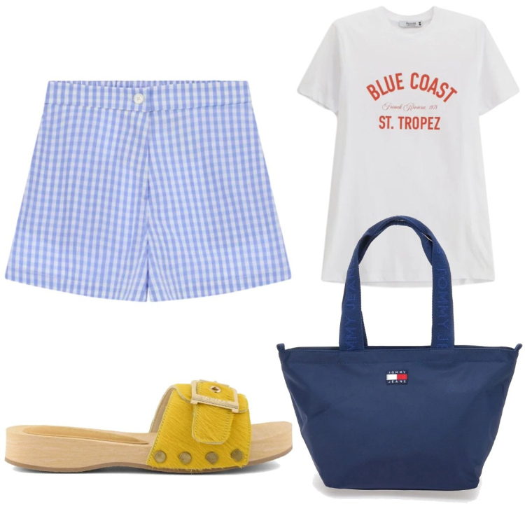 Outfit donna - Bermuda a quadretti. Stile Casual per Mare. Abbinamento con shorts, t-shirt, ciabatte, borse tote.