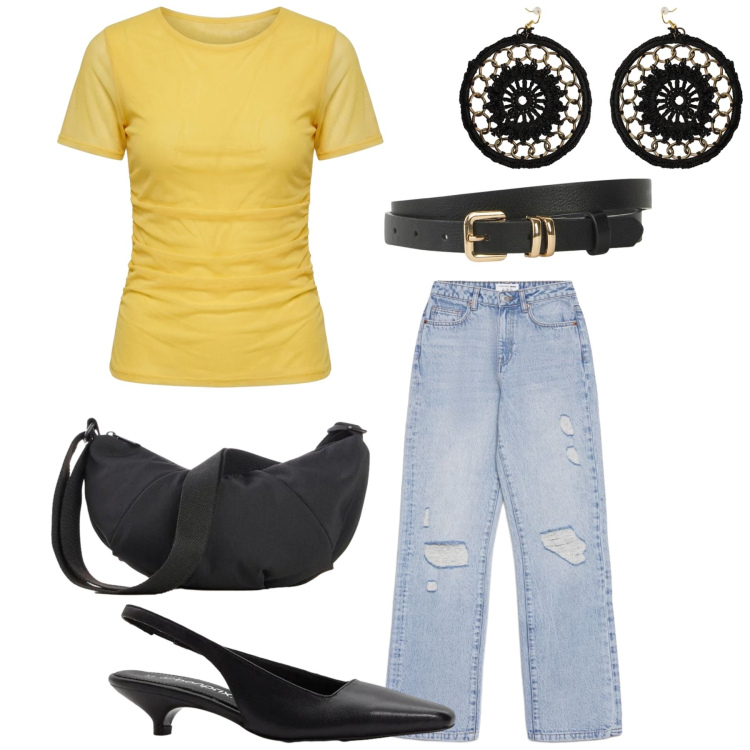 Outfit donna - Total look #2418670. Stile Casual chic per Ufficio. Abbinamento con cinture, décolleté, borse a tracolla, jeans strappati, t-shirt, orecchini.