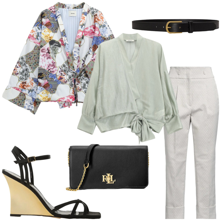 Outfit donna - Total look #2418671. Stile Glamour per Serata fuori. Abbinamento con pantaloni, bluse, sandali col tacco, cappotti, borse a mano, cinture.