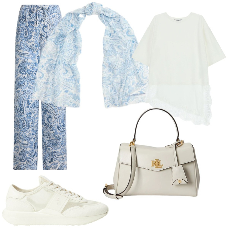 Outfit donna - Costiera. Stile Trendy per Serata fuori. Abbinamento con top, sneakers, pantaloni, foulard, borse a mano.