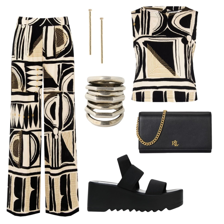 Outfit donna - Per chi sa osare. Stile Glamour per Cerimonia. Abbinamento con sandali col tacco, pantaloni a palazzo, top, borse a tracolla, orecchini, anelli.