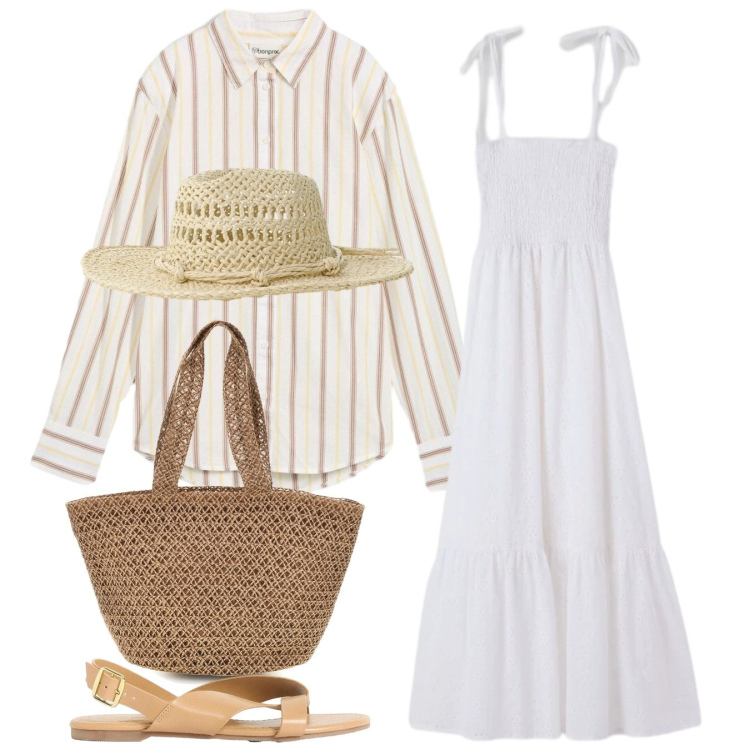 Outfit donna - Mediterranean Chic. Stile Romantica per Tutti i giorni. Abbinamento con sandali, camicie, vestiti lunghi, cappelli, borse a spalla.