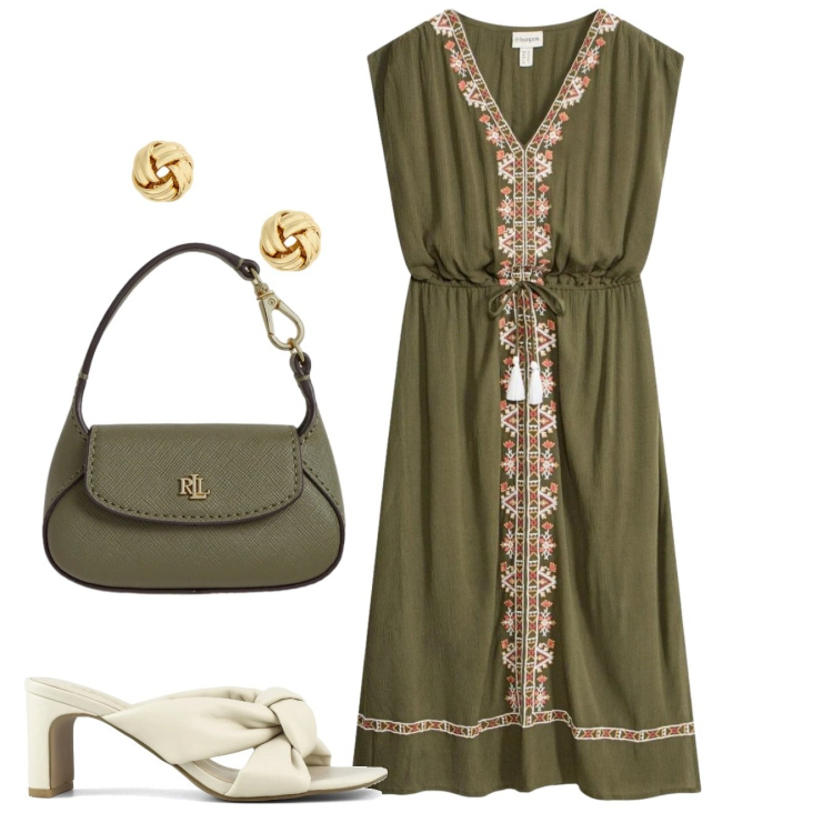 Outfit donna - Mediterranean Chic. Stile Chic per Tutti i giorni. Abbinamento con vestiti midi/longuette, orecchini, borse a mano, sandali col tacco.