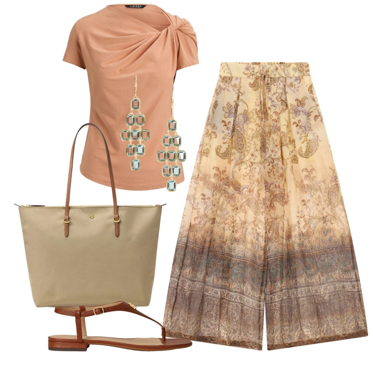 Outfit donna - Mediterranean Chic. Stile Etnico per Tutti i giorni. Abbinamento con pantaloni a palazzo, sandali in pelle, borse tote, orecchini, t-shirt.