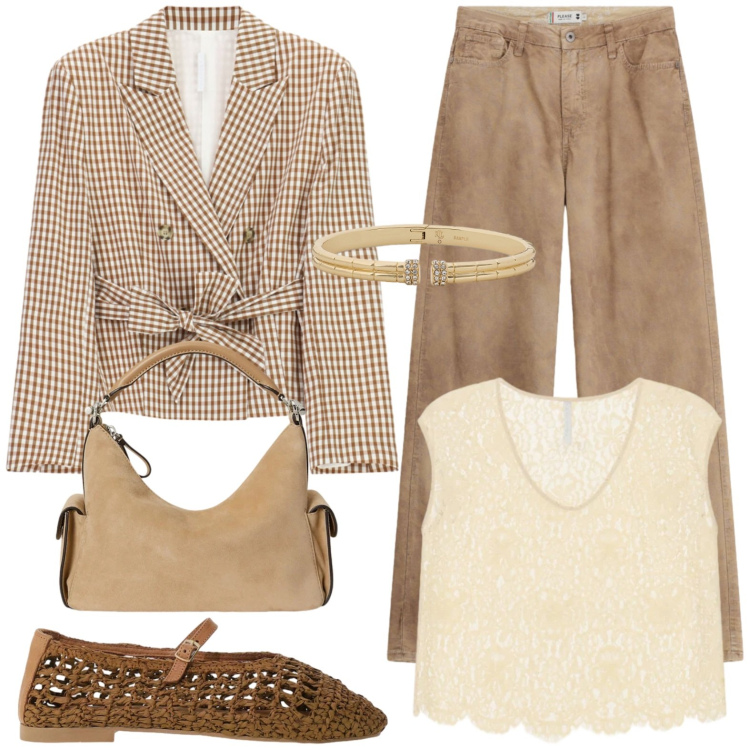 Outfit donna - Casual chic. Stile Casual chic per Tutti i giorni. Abbinamento con blazer, top, pantaloni a palazzo, ballerine, braccialetti, borse a spalla.