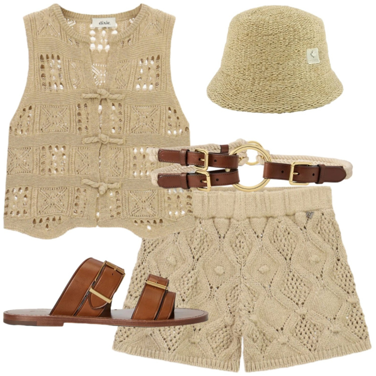 Outfit donna - Vacanza. Stile Casual per Mare. Abbinamento con top, shorts, cinture, sandali in pelle, cappelli.