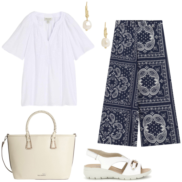 Outfit donna - Summer office look. Stile Casual chic per Tutti i giorni. Abbinamento con camicie a manica corta, shopping bag, orecchini, pantaloni a palazzo, sandali.