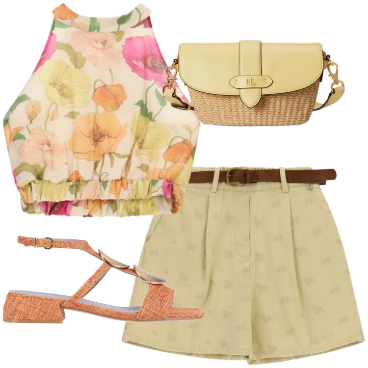 Outfit donna - City casual. Stile Casual per Tutti i giorni. Abbinamento con sandali in pelle, borse a tracolla, top, shorts.