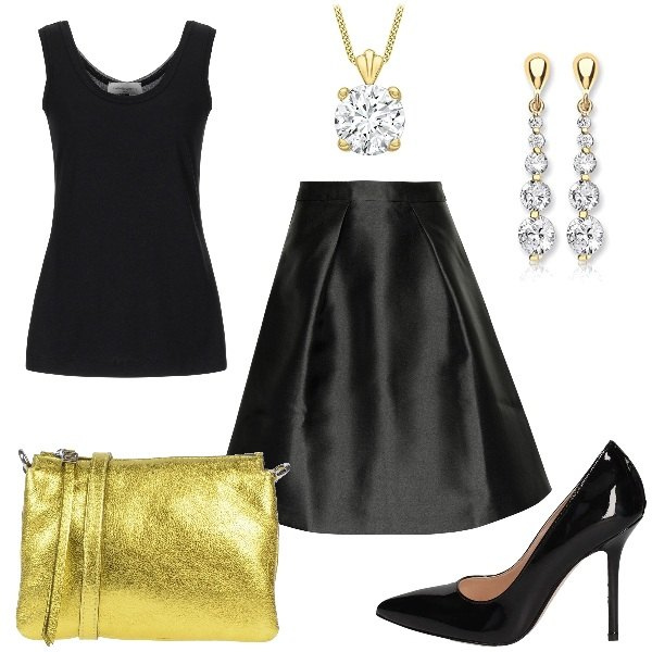 Outfit donna - A Star is Born. Stile Chic per Serata fuori. Abbinamento con gonna al ginocchio senza tasche con zip interno foderato in raso tinta unita, canottiera collo tondo senza maniche jersey, borsa a tracolla mini effetto laminato con zip interno foderato tinta unita, orecchini pendenti in oro giallo 9ct, décolleté effetto vernice, collana.