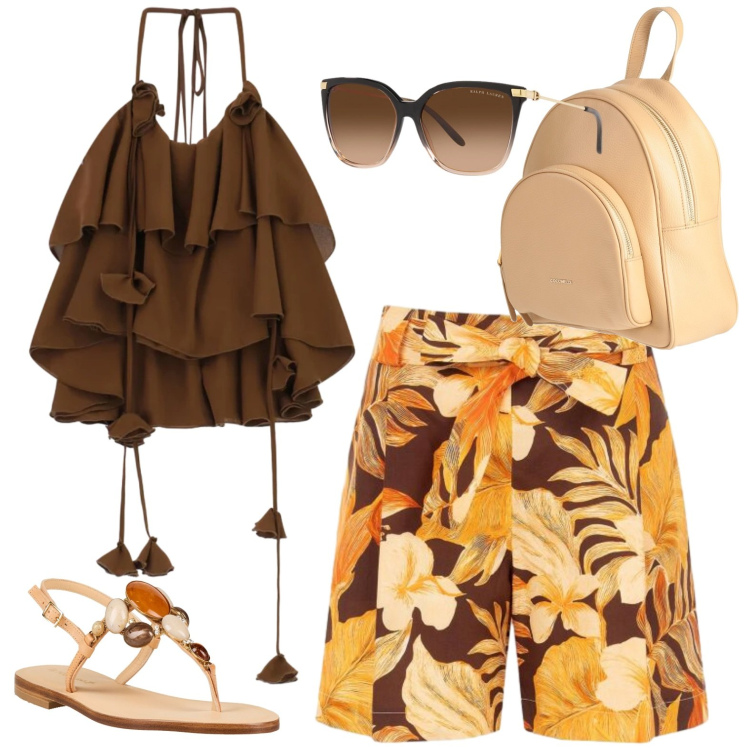 Outfit donna - Bermuda chic. Stile Casual per Tutti i giorni. Abbinamento con zaini, infradito, pantaloni corti, top, occhiali da sole.