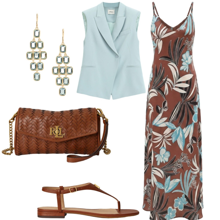 Outfit donna - Elegante. Stile Chic per Serata fuori. Abbinamento con vestiti lunghi, gilet, sandali in pelle, orecchini, portafogli.