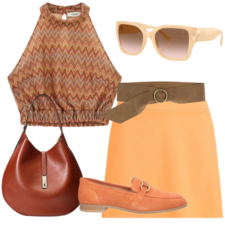 Outfit donna - Mini. Stile Casual per Tutti i giorni. Abbinamento con mocassini, cinture, top, borse a spalla, occhiali da sole, minigonne.