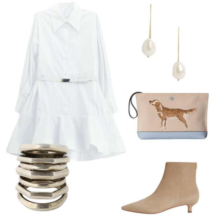 Outfit donna - Il pomeriggio con le amiche. Stile Glamour per Tutti i giorni. Abbinamento con vestiti corti, pochette, orecchini, anelli, stivaletti.