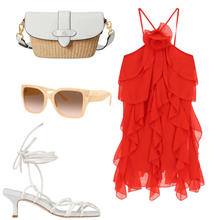 Outfit donna - La sera in estate. Stile Casual chic per Serata fuori. Abbinamento con sandali col tacco, vestiti corti, occhiali da sole, borse a spalla.