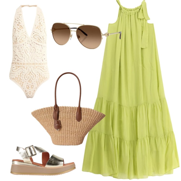 Outfit donna - Aperitivo in spiaggia. Stile Chic per Mare. Abbinamento con body, sandali in pelle, vestiti lunghi, occhiali da sole, borse tote.