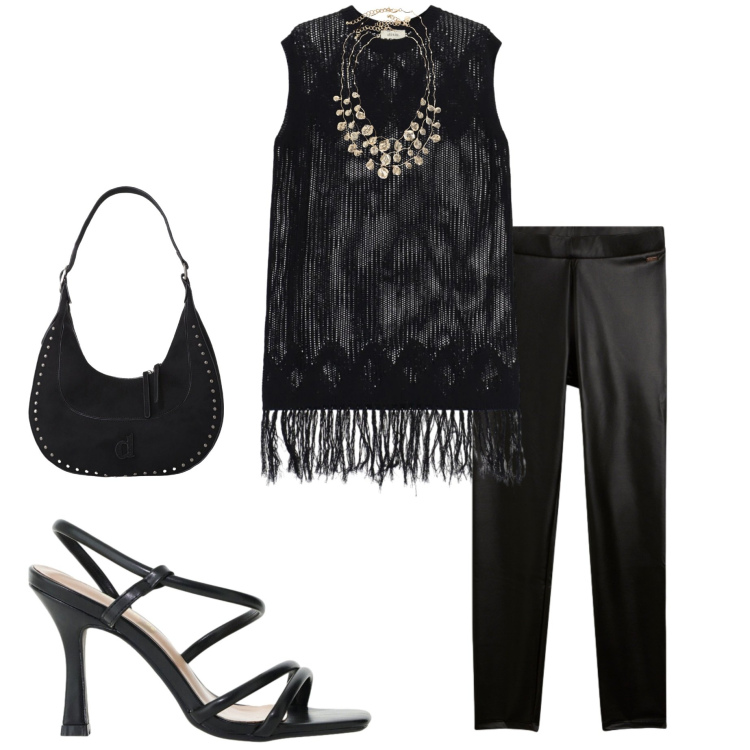 Outfit donna - Sere d\'estate curvy. Stile Casual chic per Serata fuori. Abbinamento con sandali col tacco, treggings, cappotti, collane, vestiti corti.