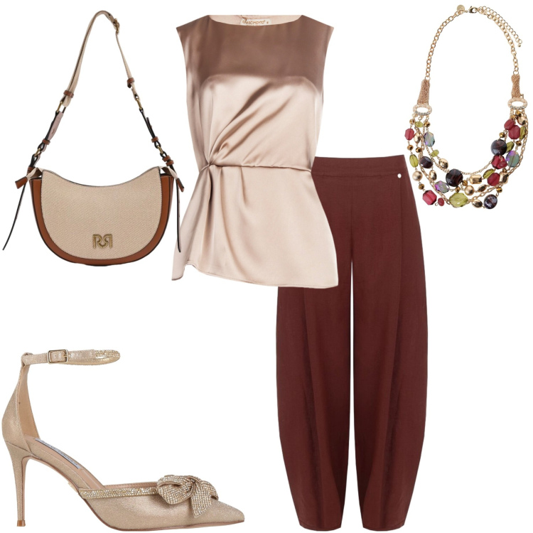 Outfit donna - Eleganza curvy. Stile Chic per Cerimonia. Abbinamento con décolleté, borse a tracolla, bluse, pantaloni, collane.