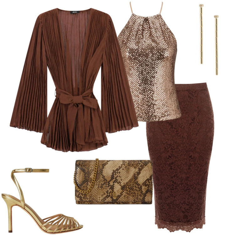 Outfit donna - Eleganza curvy. Stile Chic per Cerimonia. Abbinamento con gonne longuette, canottiere, blazer, sandali in pelle, orecchini, borse a tracolla.