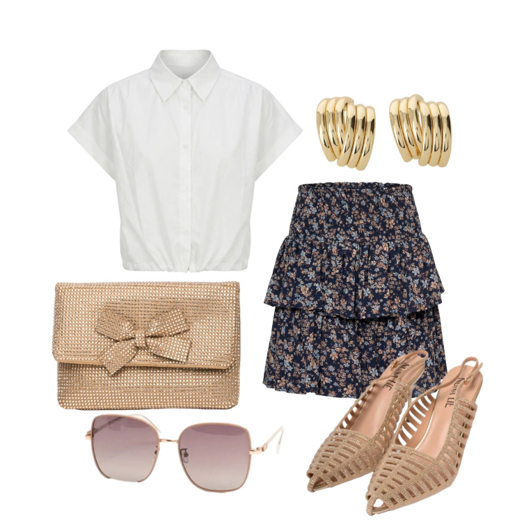 Outfit donna - Giugno. Stile Romantica per Tutti i giorni. Abbinamento con scarpe col tacco, clutch, camicie a manica corta, occhiali da sole, minigonne, orecchini.