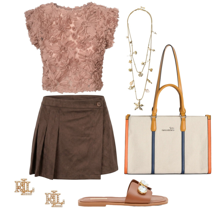 Outfit donna - Giugno. Stile Trendy per Tutti i giorni. Abbinamento con borse tote, collane, sandali gioiello, orecchini, top, minigonne.