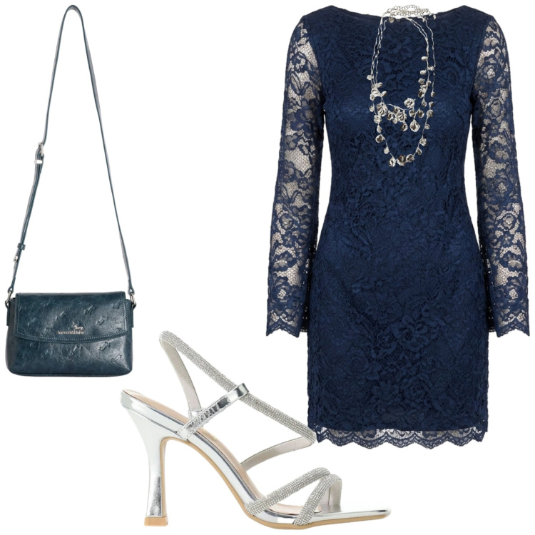 Outfit donna - Eleganza curvy. Stile Chic per Cerimonia. Abbinamento con sandali col tacco, borse a tracolla, vestiti corti, collane.