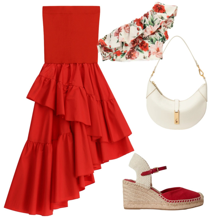 Outfit donna - Flamenco. Stile Chic Abbinamento con gonne lunghe, top, borse a spalla, zeppe.