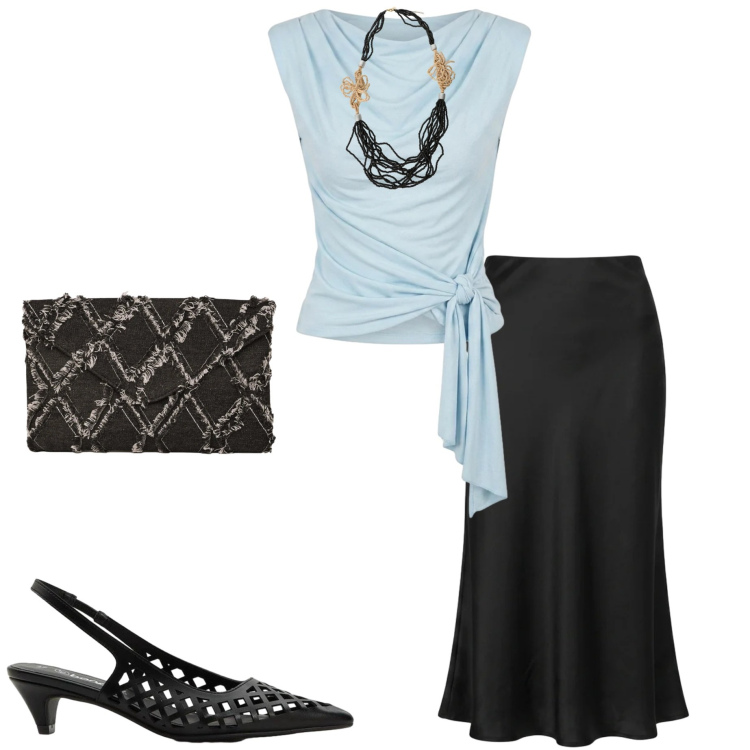 Outfit donna - Eleganza curvy. Stile Casual chic per Serata fuori. Abbinamento con décolleté, clutch, gonne longuette, top, collane.
