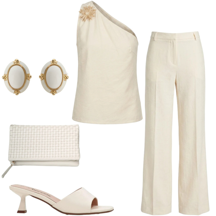 Outfit donna - Eleganza curvy. Stile Chic per Serata fuori. Abbinamento con ciabatte, pantaloni, clutch, top, orecchini.