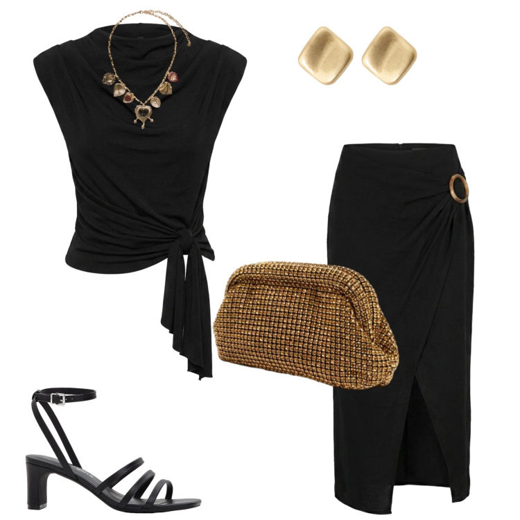 Outfit donna - Eleganza curvy. Stile Chic per Serata fuori. Abbinamento con sandali col tacco, orecchini, collane, gonne longuette, clutch, top.
